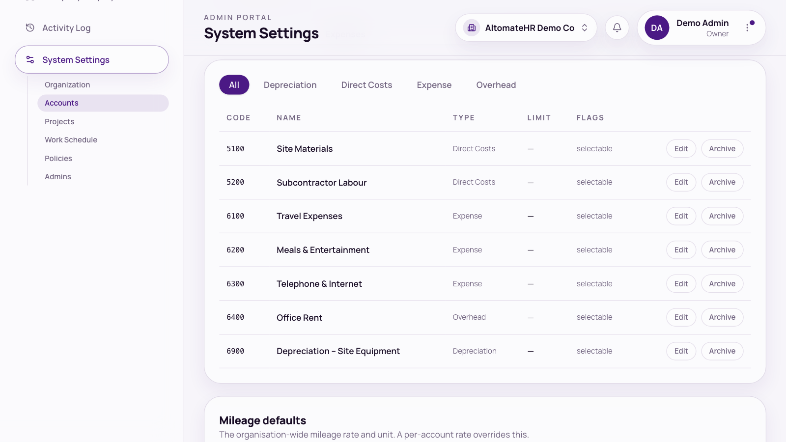 System Settings → Accounts: the Expenses list with its Type filter (Depreciation, Direct Costs, Expense, Overhead) and Type column