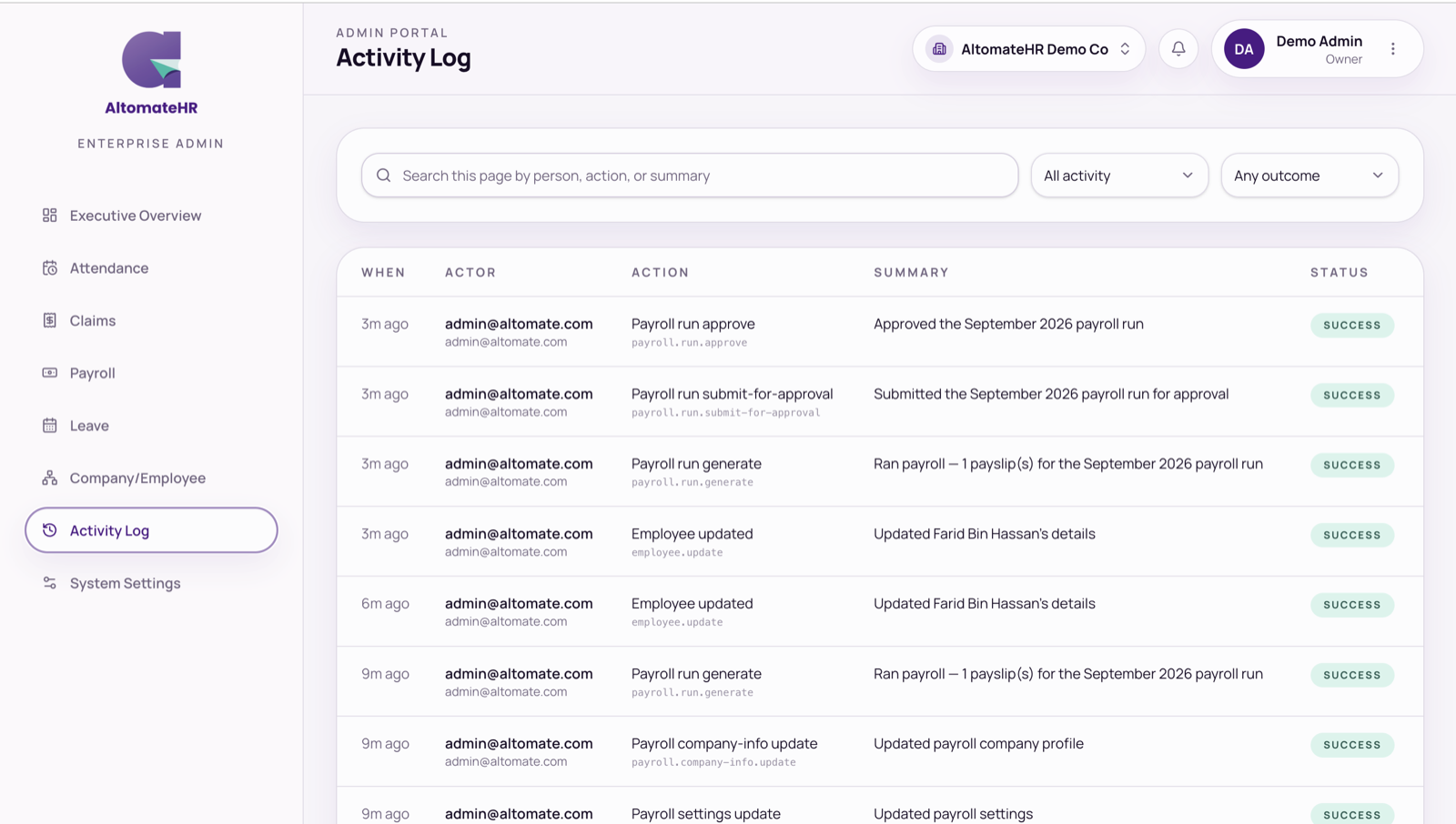 Activity Log with search, activity and outcome filters