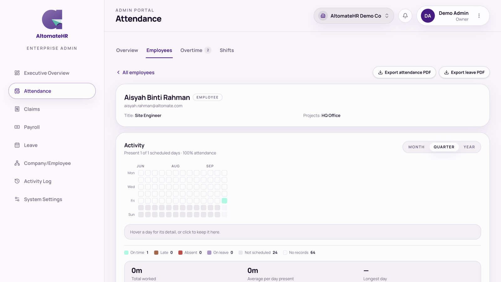 Attendance → Employees → one person: the activity heatmap and hours