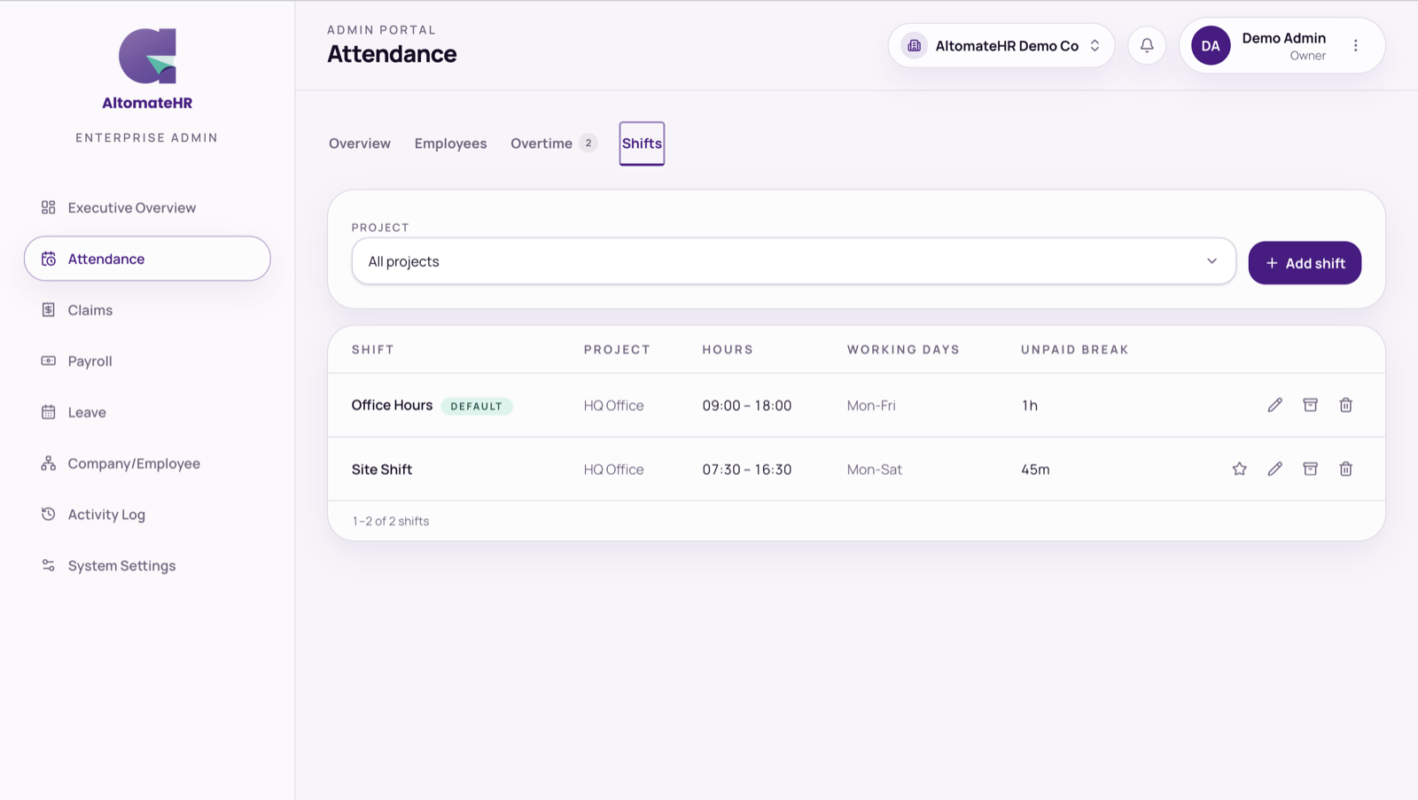 Attendance → Shifts with a project's shifts listed