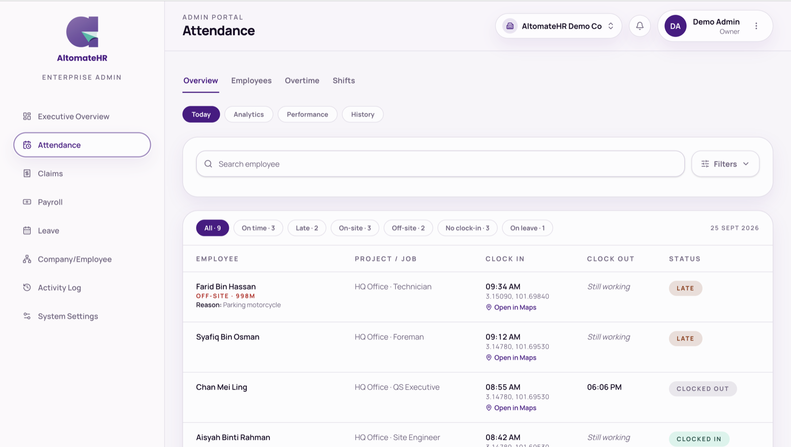 Attendance → Overview → Today with status chips and the roll call