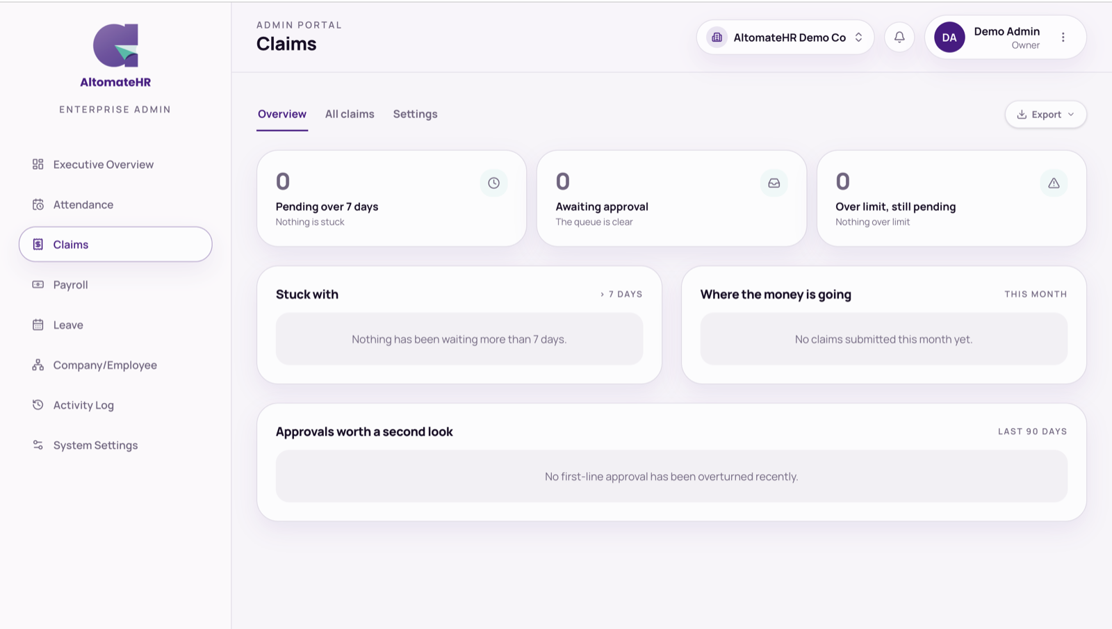 Claims → Overview with the stuck, awaiting and over-limit tiles
