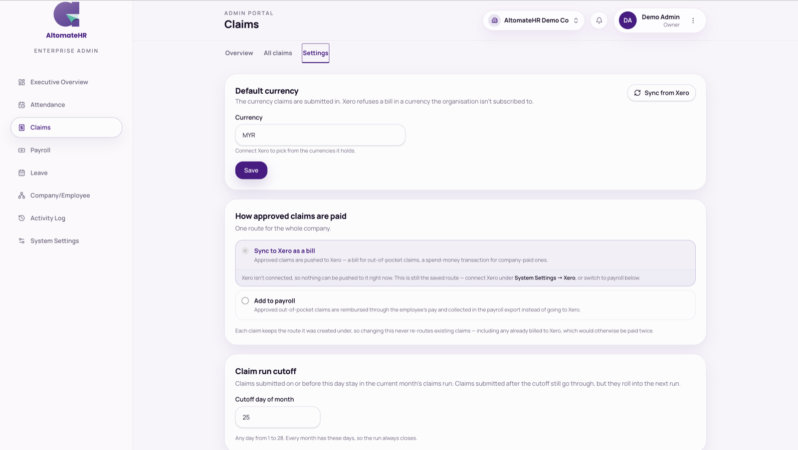 Claims → Settings: currency, how approved claims are paid, and the cutoff day