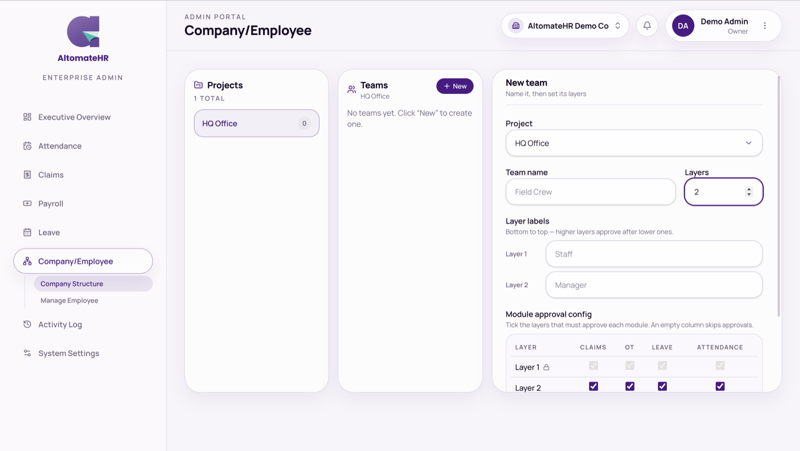 Company Structure: projects, teams, and the new-team panel with layers and the approval grid