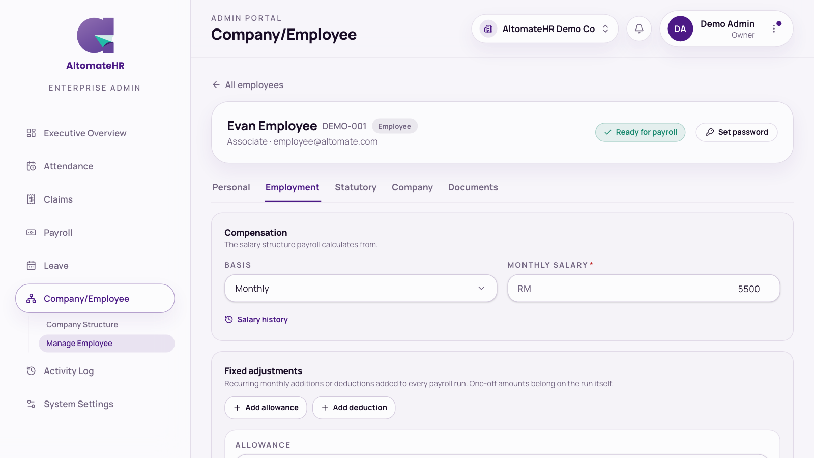 An employee record on the Employment tab, with compensation, Salary history and fixed adjustments