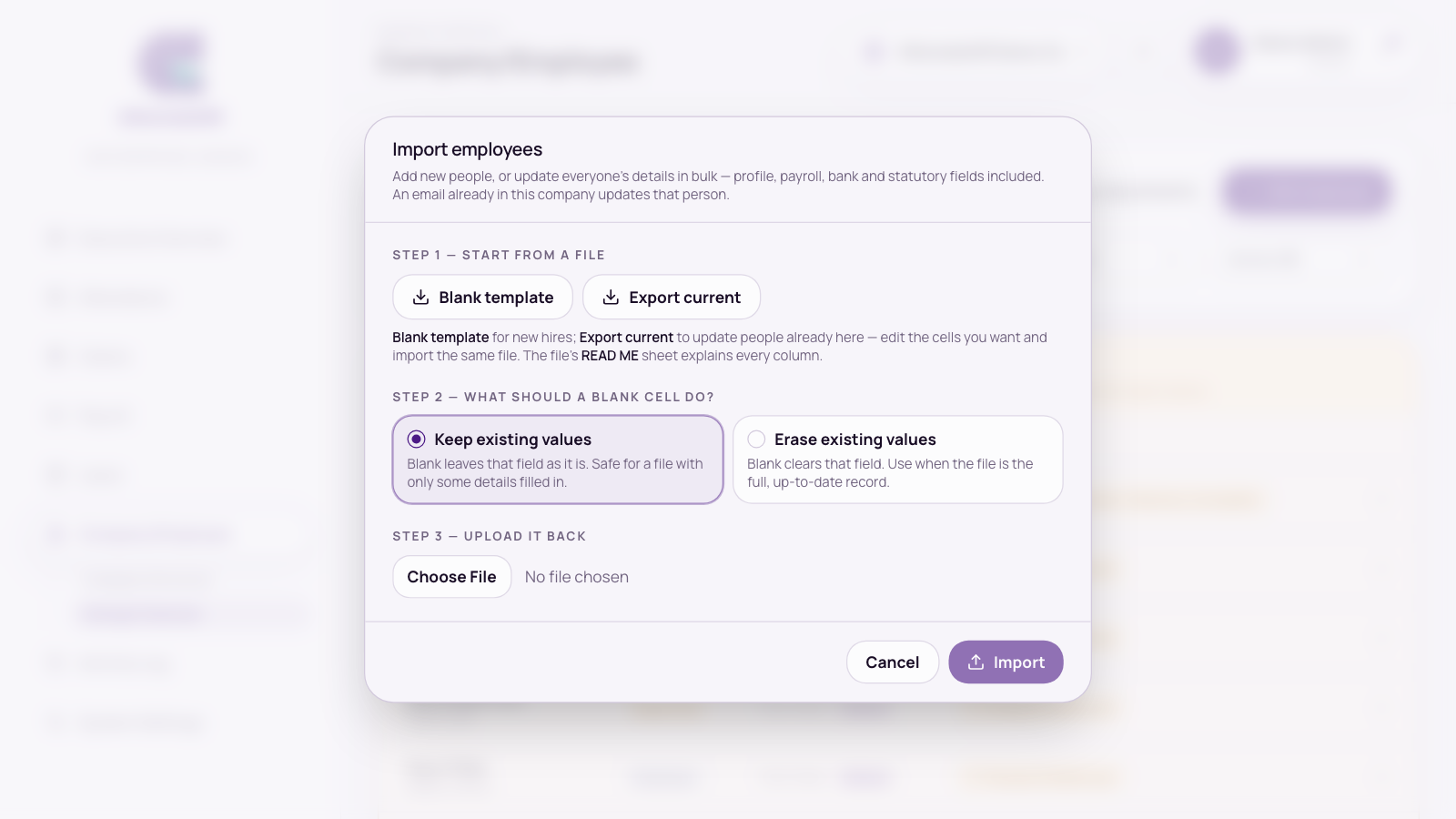 The Import employees dialog: Step 1 templates, Step 2 Keep or Erase existing values for blank cells, Step 3 upload