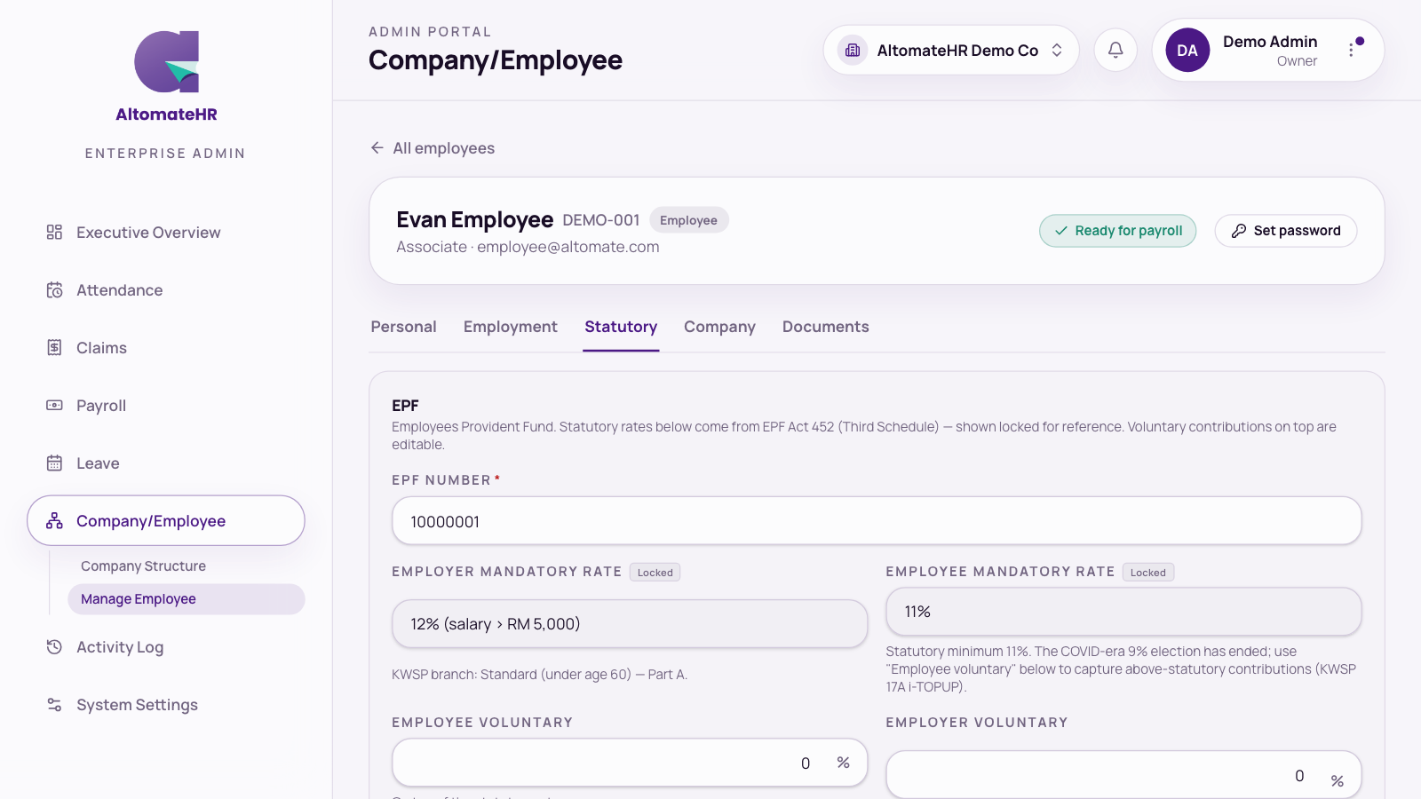 An employee record on the Statutory tab, with the EPF section
