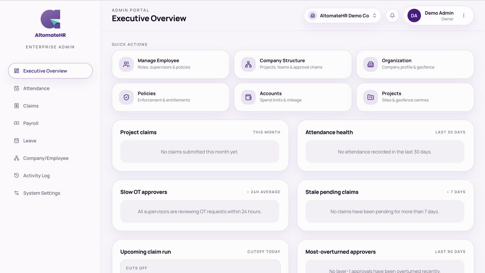Executive Overview with quick actions and analytics cards