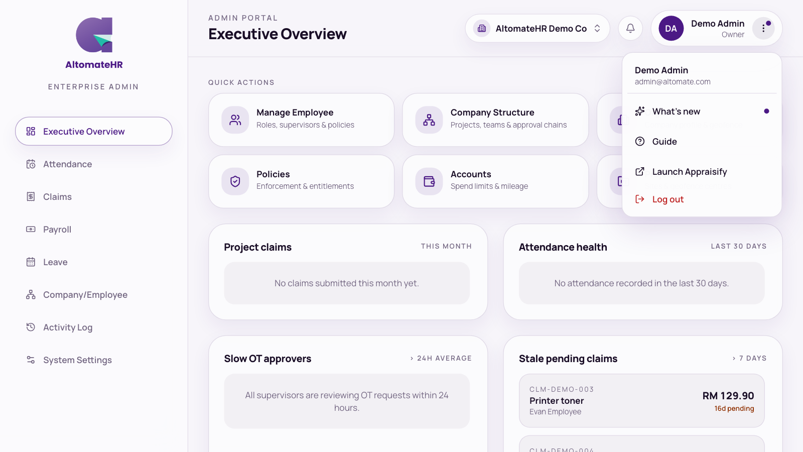 The ⋮ account menu: What's new, Guide, Launch Appraisify, Log out