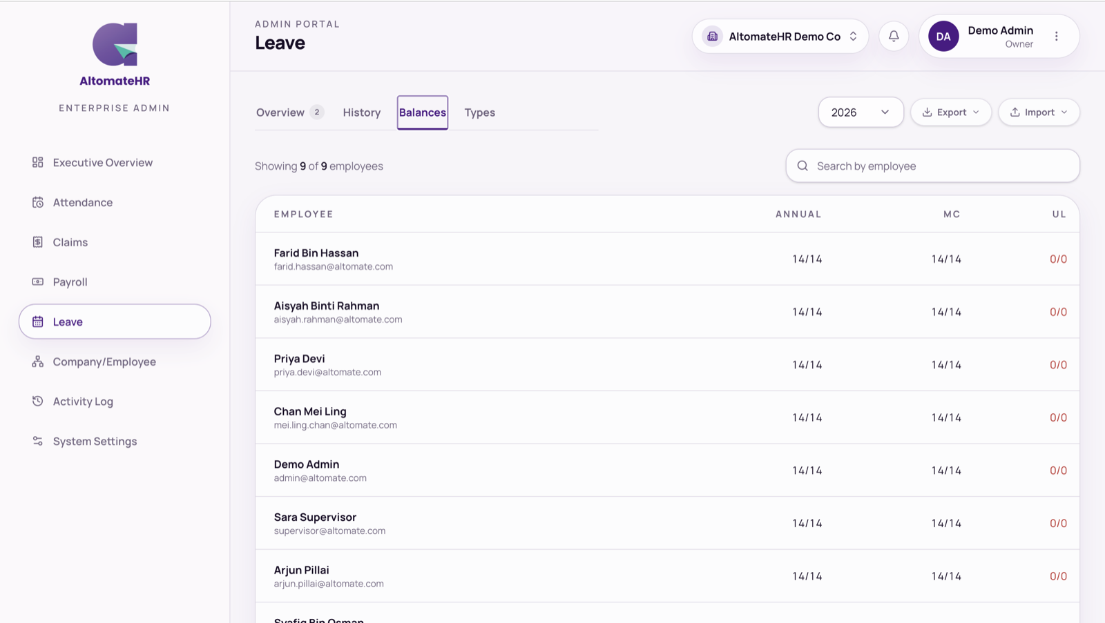Leave → Balances with the grid of remaining days