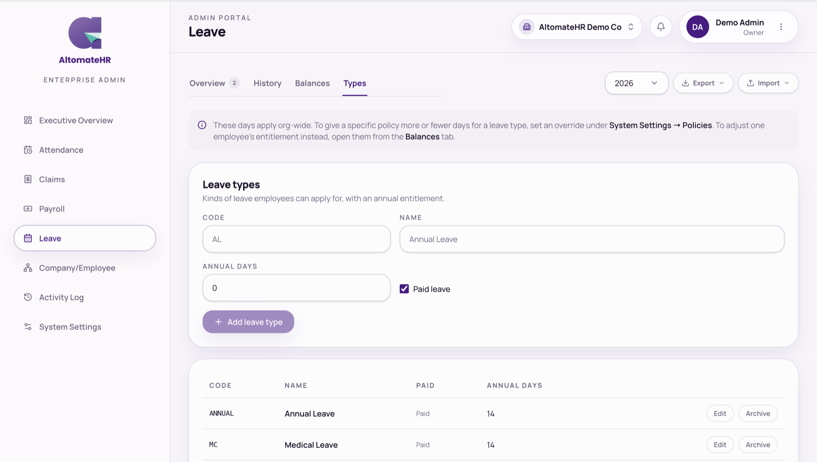 Leave → Types with the leave types listed