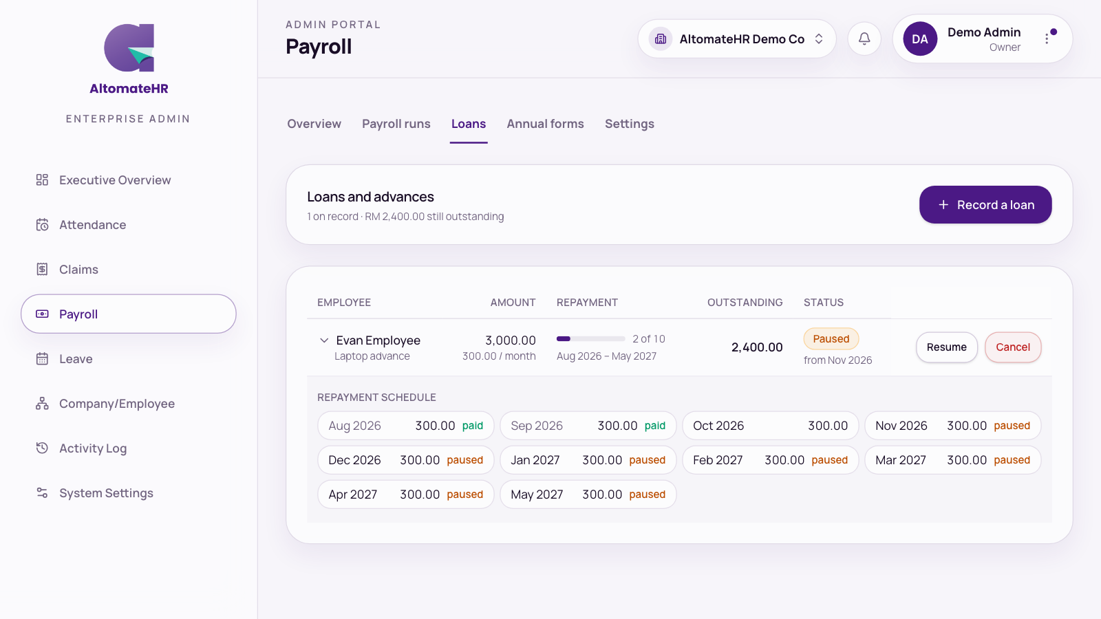 Payroll → Loans: a paused loan with Resume and Cancel, and its repayment schedule showing paid and paused months