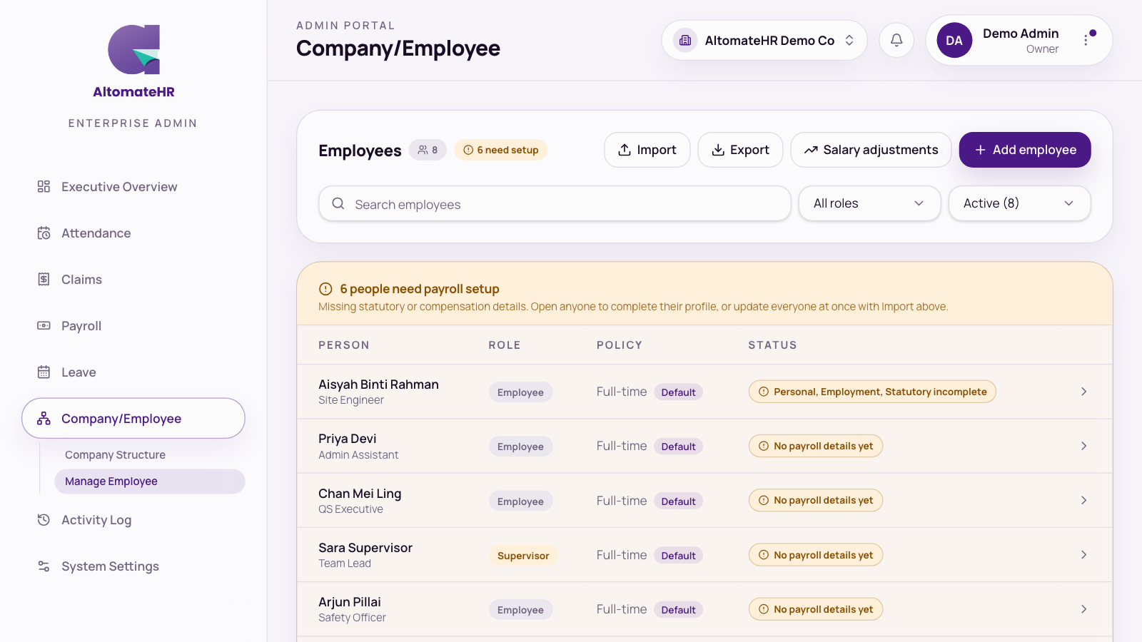 Manage Employee with Import, Export, Salary adjustments and Add employee, the search and filters, and the need-payroll-setup box
