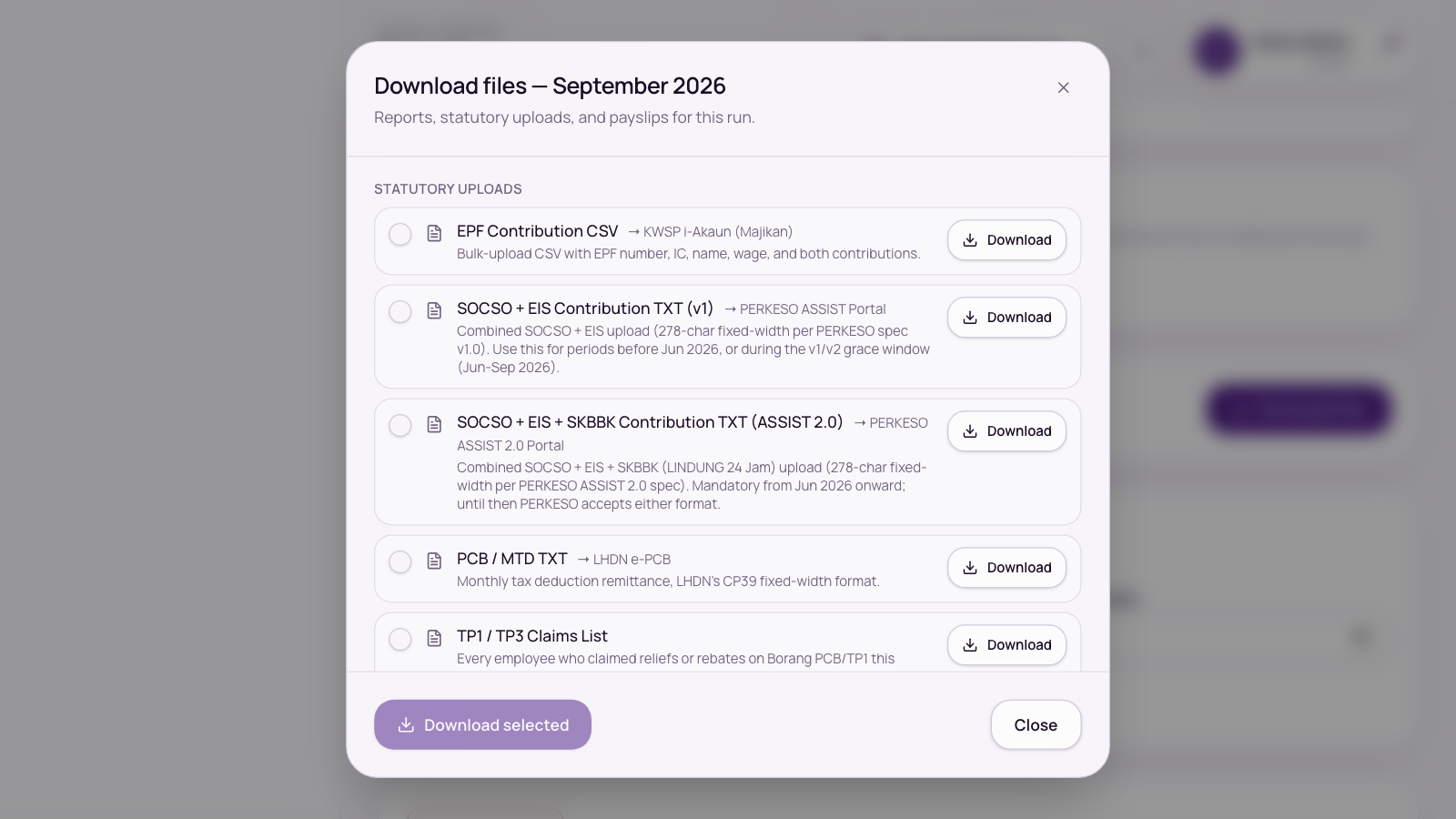 The Download files dialog: statutory uploads (EPF, both SOCSO + EIS files, PCB) and the TP1 / TP3 Claims List