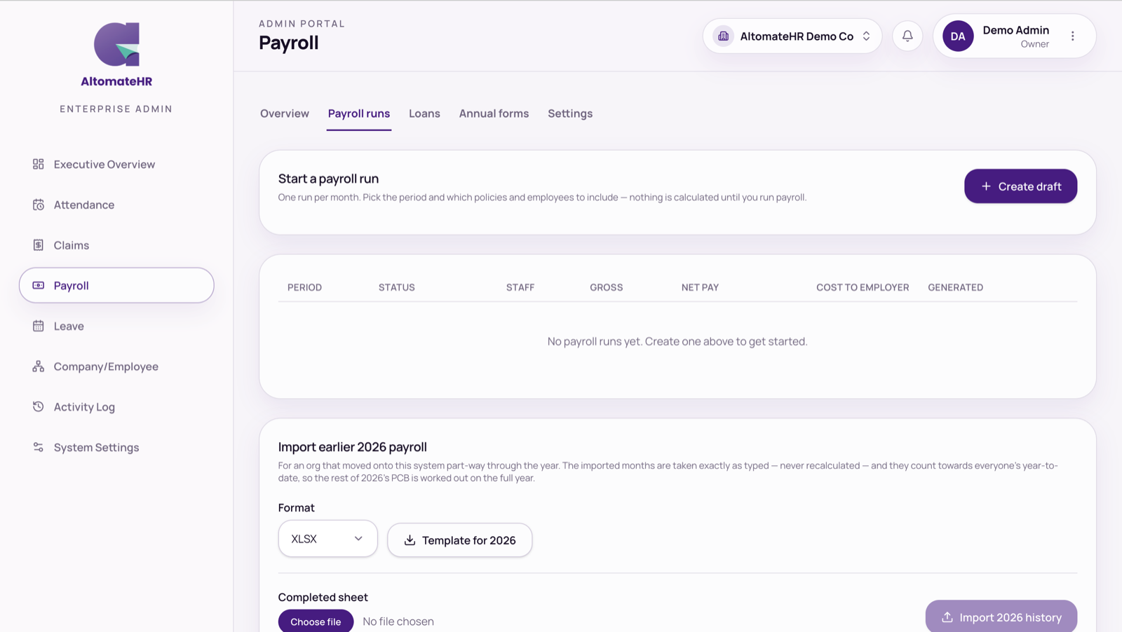 Payroll → Payroll runs with Create draft and the import of earlier 2026 payroll