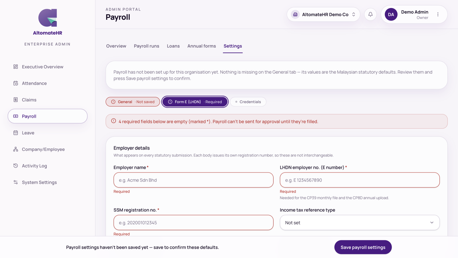 Payroll → Settings → Form E (LHDN): employer details with required fields