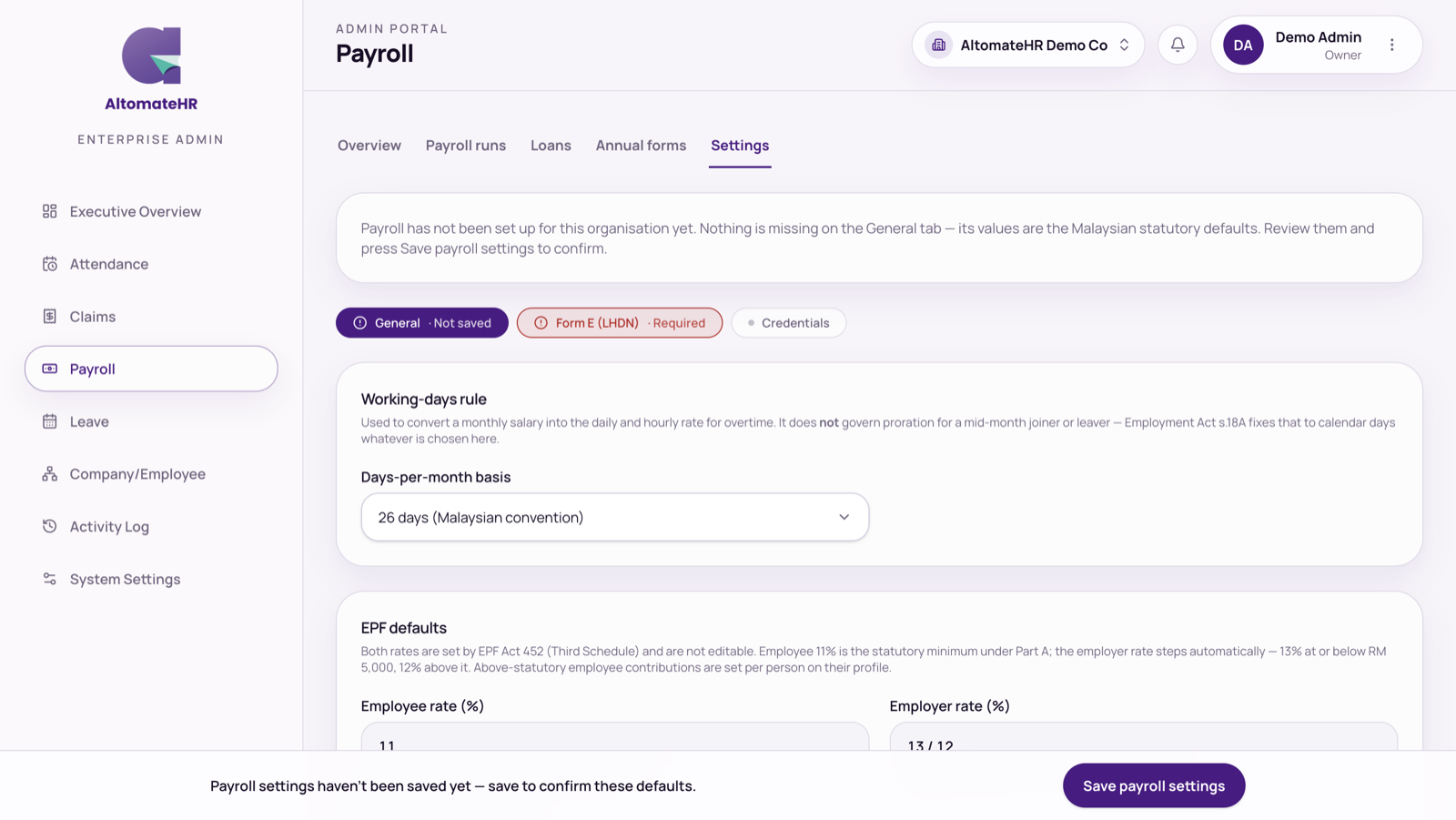 Payroll → Settings → General: working-days rule and EPF defaults