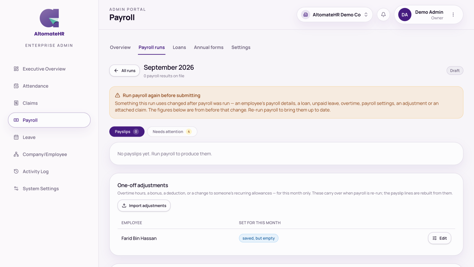 A draft run showing “Run payroll again before submitting”