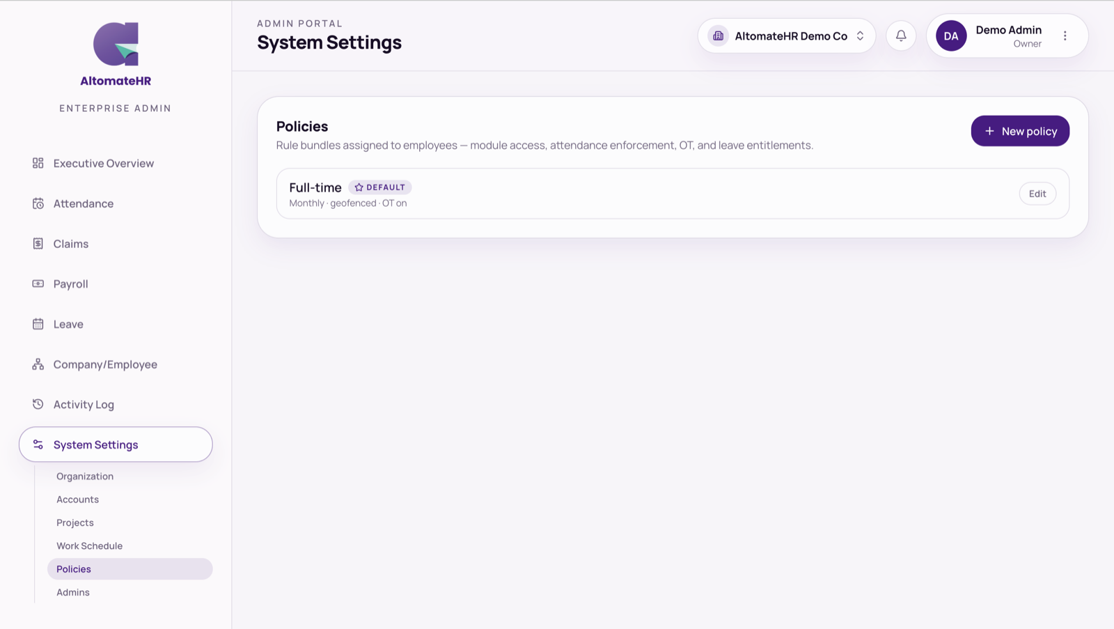 System Settings → Policies with the default Full-time policy