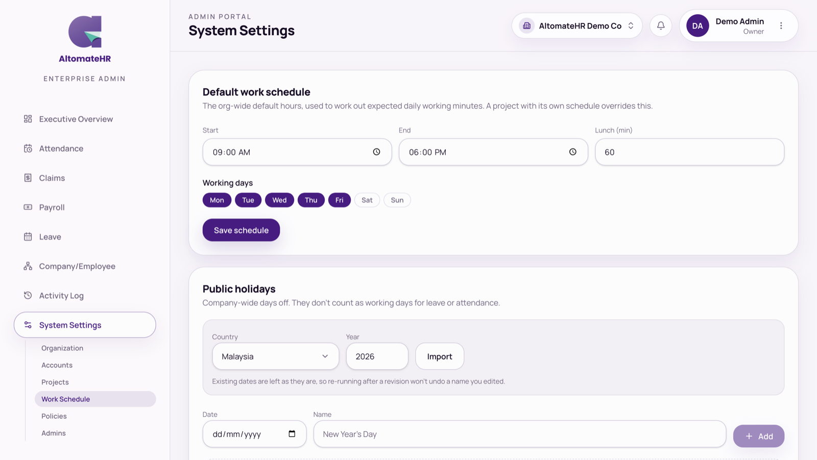 System Settings → Work Schedule: default hours, working days and public holidays import
