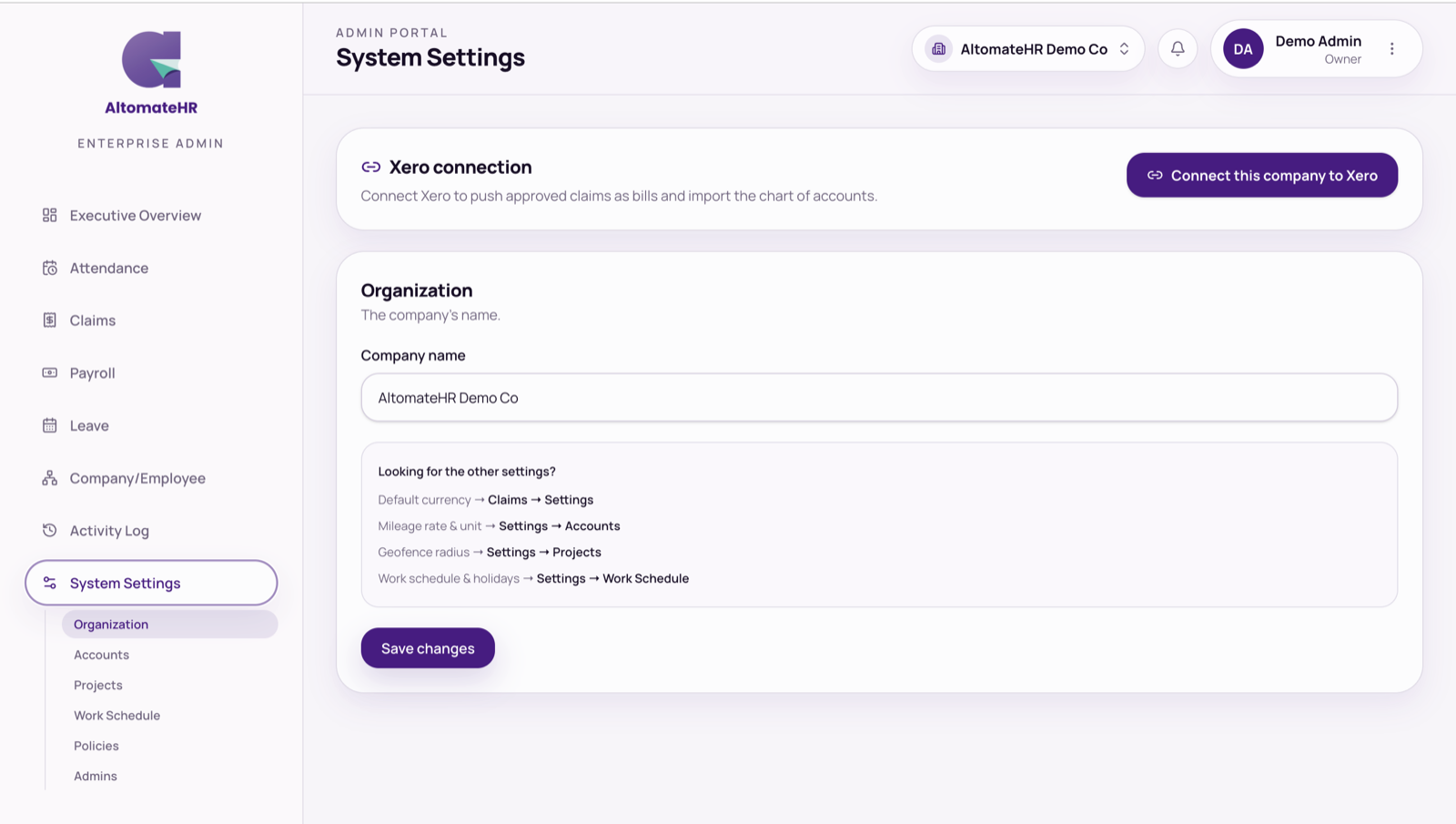 System Settings → Organization with the Xero connection card