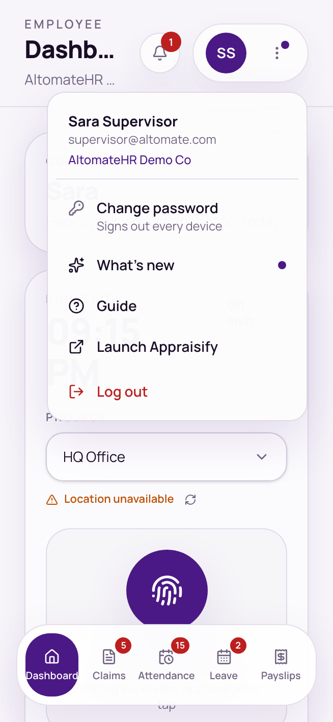 The ⋮ account menu open: Change password, What's new, Guide, Launch Appraisify, Log out