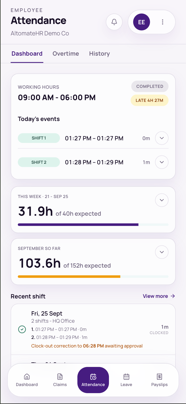 Attendance → Dashboard with today's shifts and this week's hours