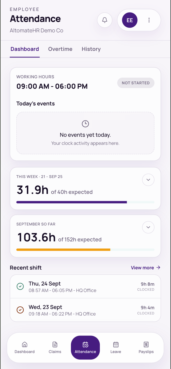 Attendance → Dashboard with this week and this month