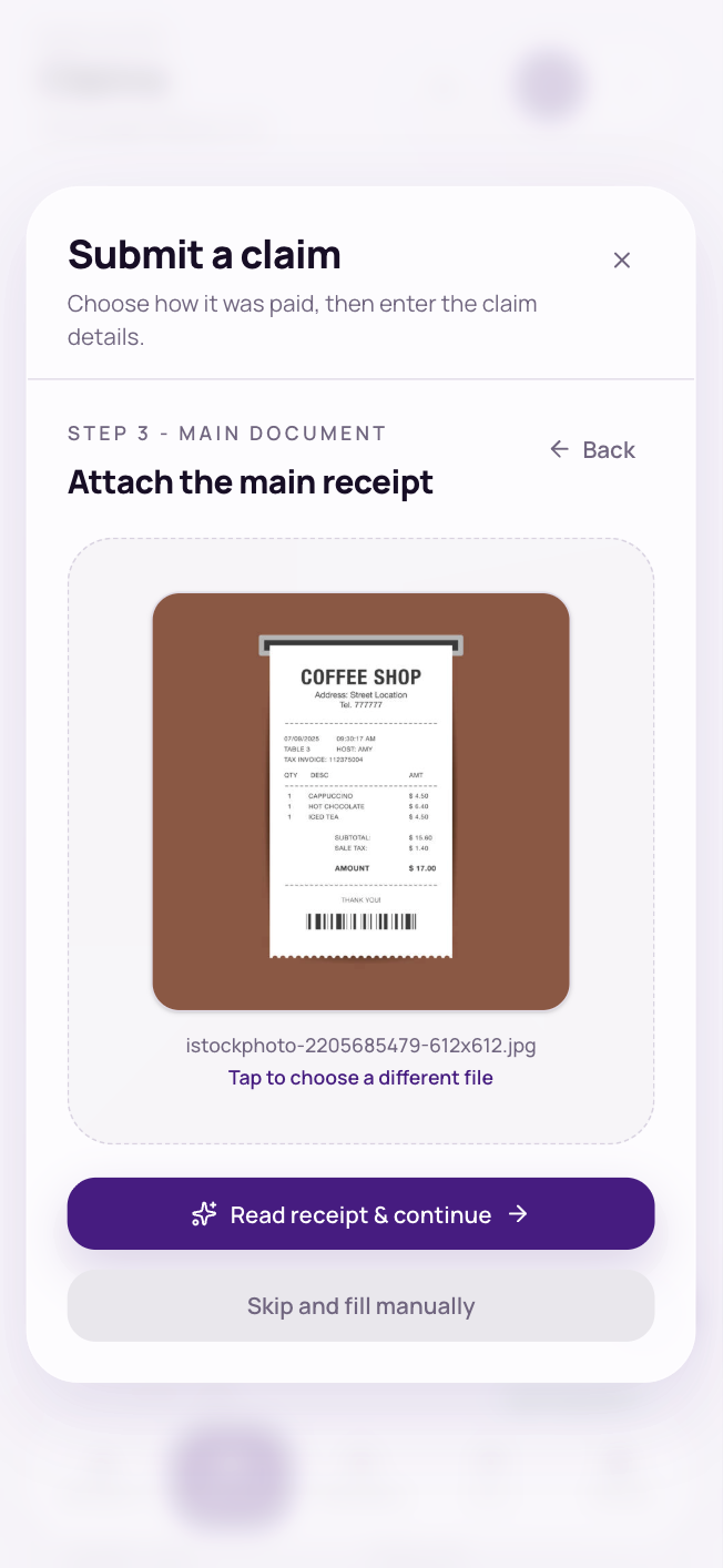 The receipt upload step with Read receipt & continue