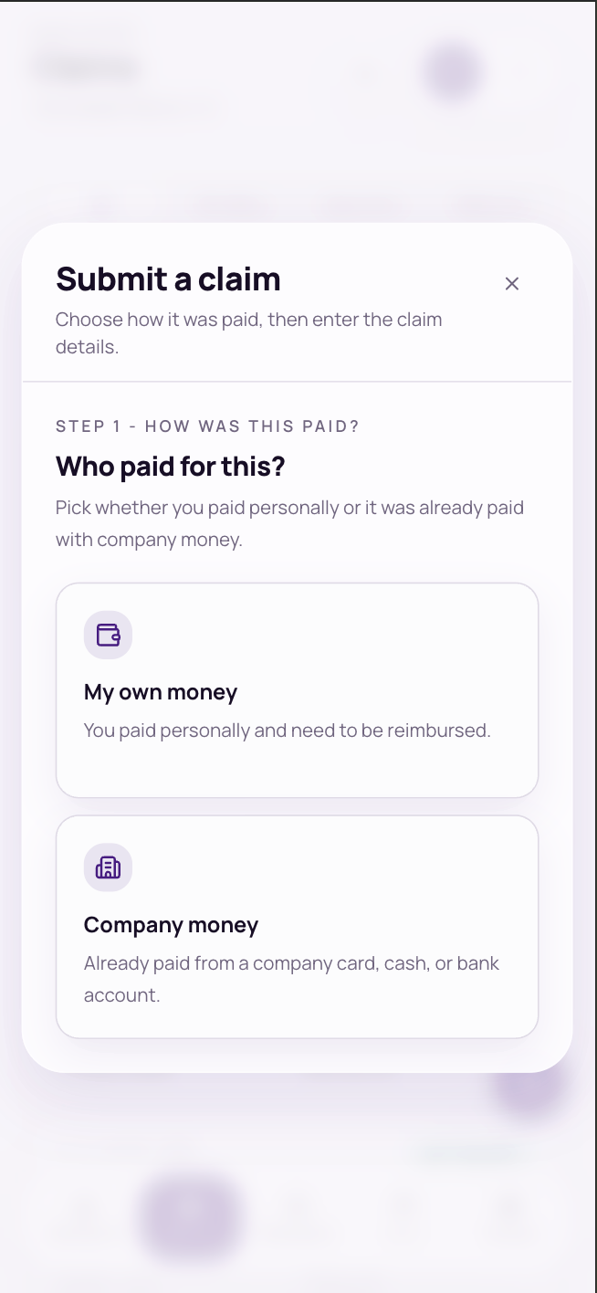 Step 1 of the claim wizard: My own money / Company money