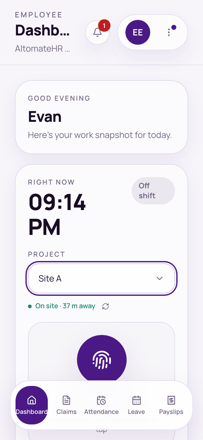 Dashboard → Right now card with a project picked, the On site line with the distance, and Tap to Clock In