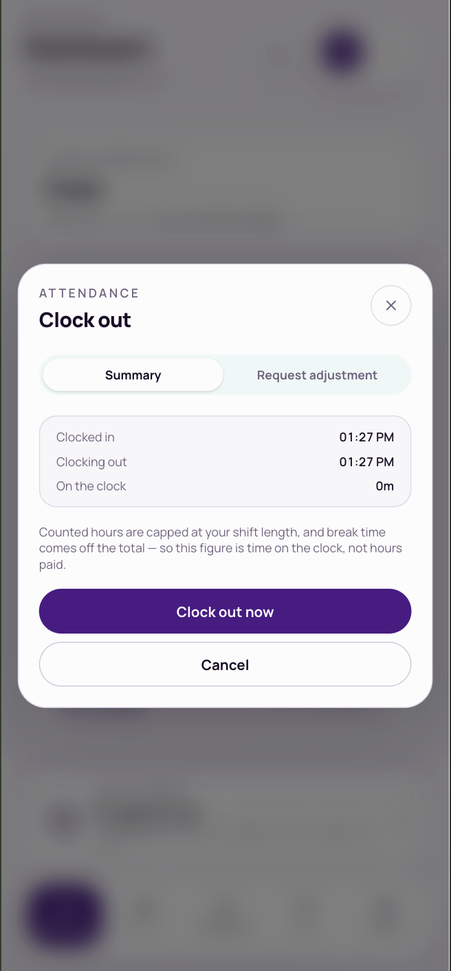 The Clock out box Summary tab with Clock out now