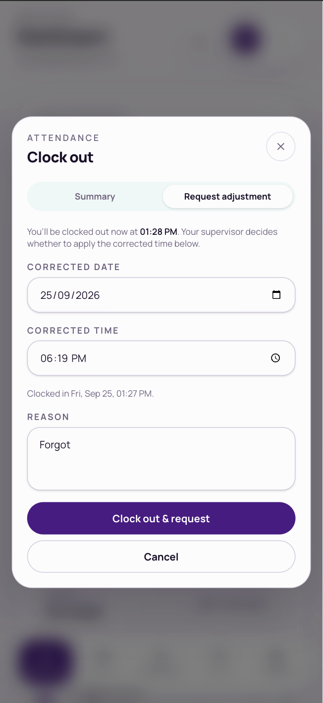 The Clock out box on the Request adjustment tab with a corrected time and reason
