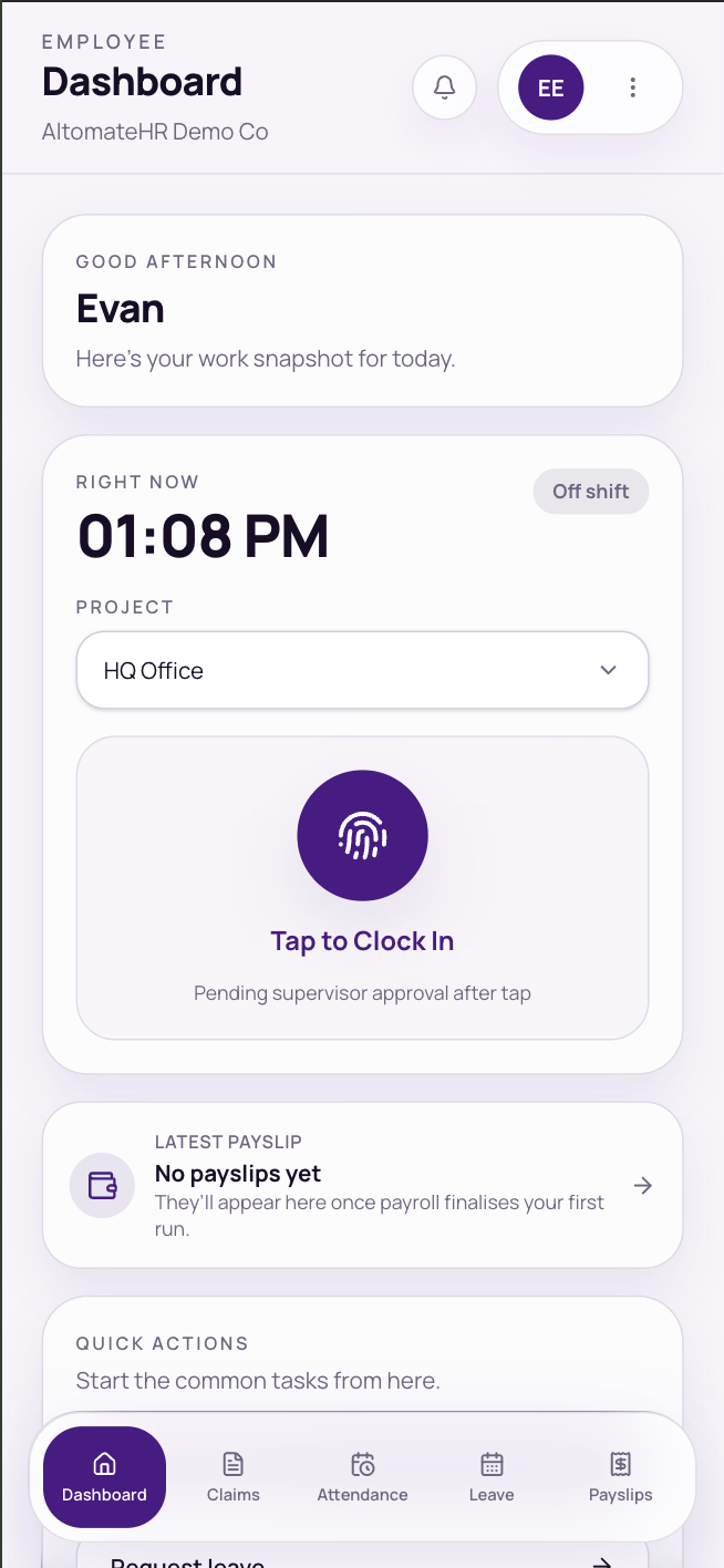 The Dashboard: greeting, the Right now clock card and the bottom tabs