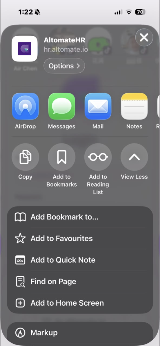 Safari's Share sheet with Add to Home Screen