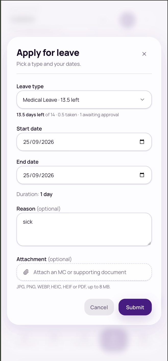 The Apply for leave form with a type, dates and an attachment field