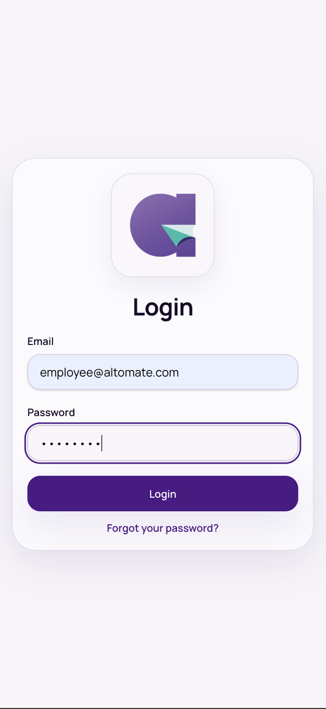 The Login screen: Email, Password and Forgot your password?