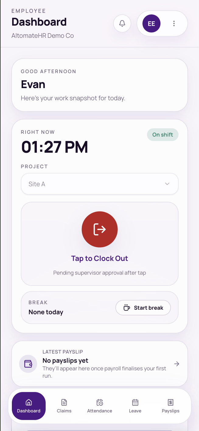 The Right now card while on shift, with Tap to Clock Out and the break panel