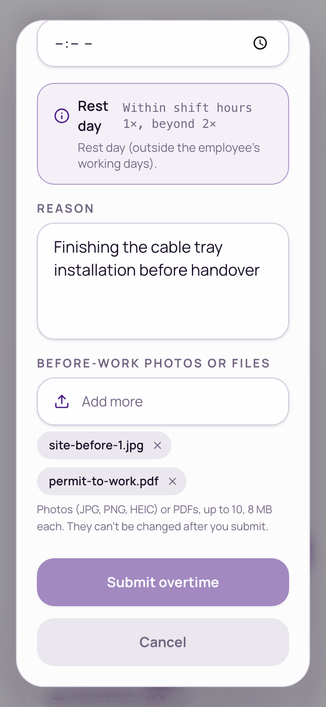 The Submit overtime form with a reason and two before-work files attached