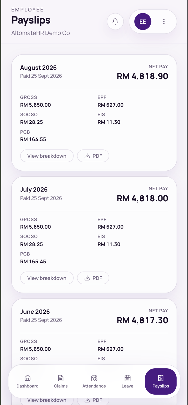 The Payslips list with net pay and View breakdown / PDF