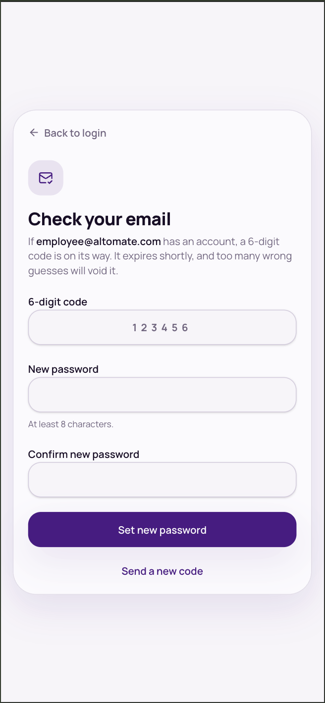 The Check your email step with the 6-digit code and new password