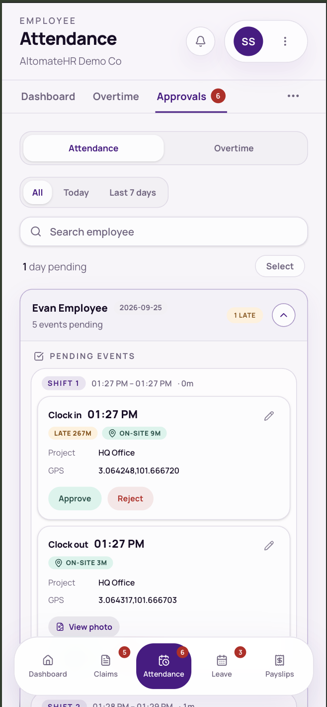 Attendance → Approvals with one employee's day expanded