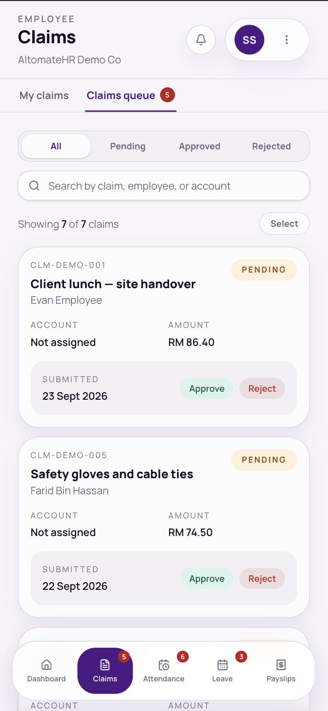 Claims → Claims queue with Select / Approve