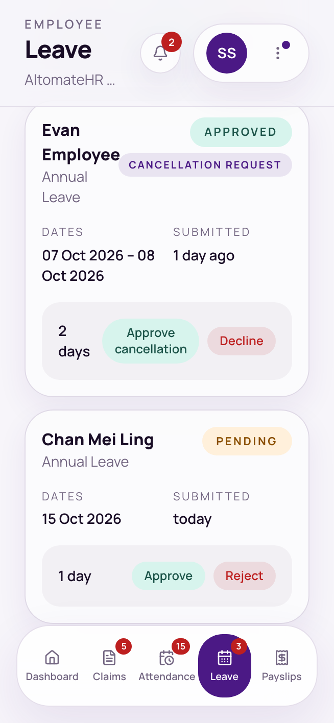 Leave → Approvals with an approved leave tagged Cancellation request, and Approve cancellation or Decline