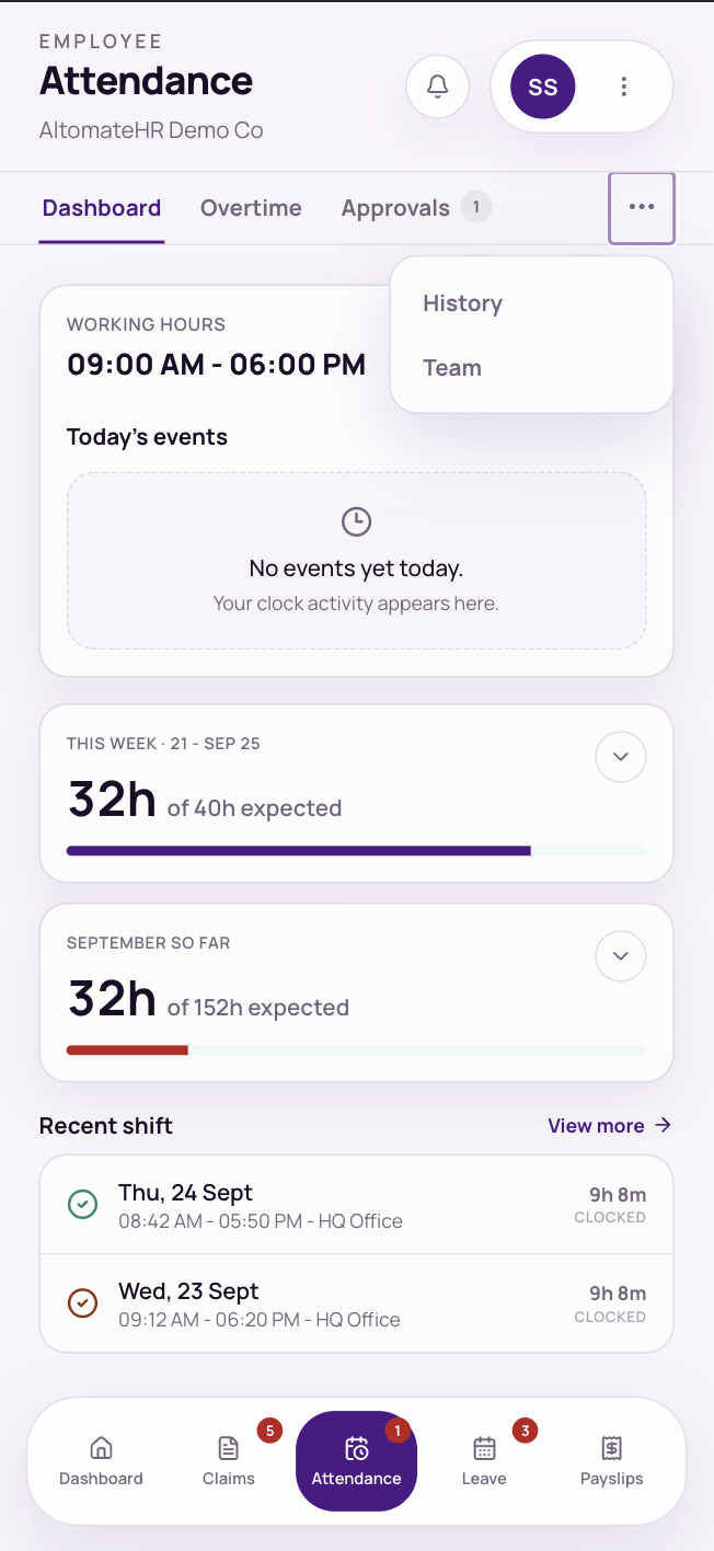 A supervisor's Attendance tabs with the ⋯ menu open: History and Team